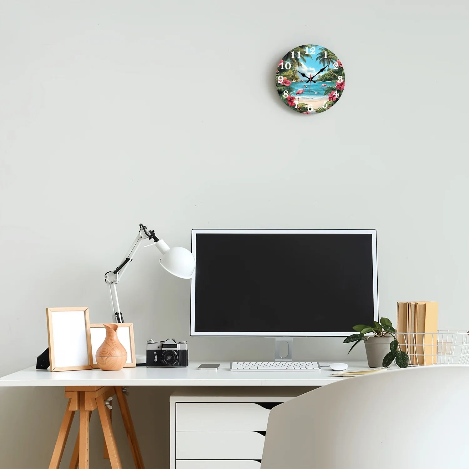 Tropical Flamingo Beach Wall Clock with Silent Quartz Movement & Digital Display