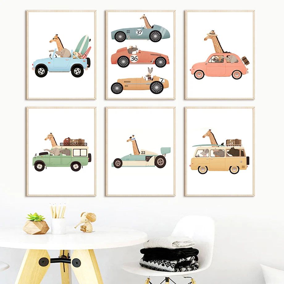 Funny Safari Animals Canvas Wall Art – Elephant & Giraffe Nursery Poster for Kids Bedroom Decor