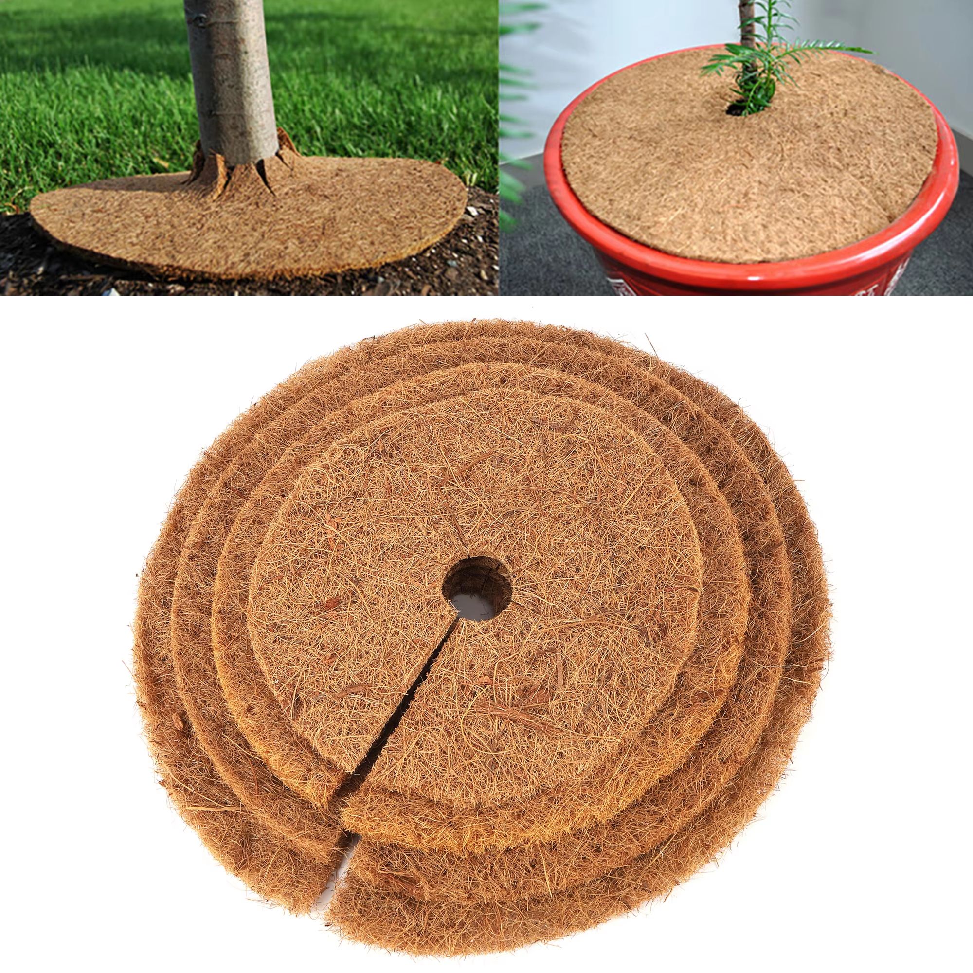 Natural Coconut Fiber Tree Mulch Mat – Round Coconut Coir Plant Protector Disc for Weed Control & Soil Moisture