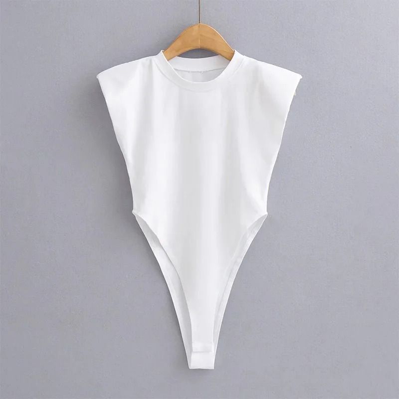 Padded Shoulder Bodysuit Women Summer One Piece Slim Fit Sleeveless Bodycon Top