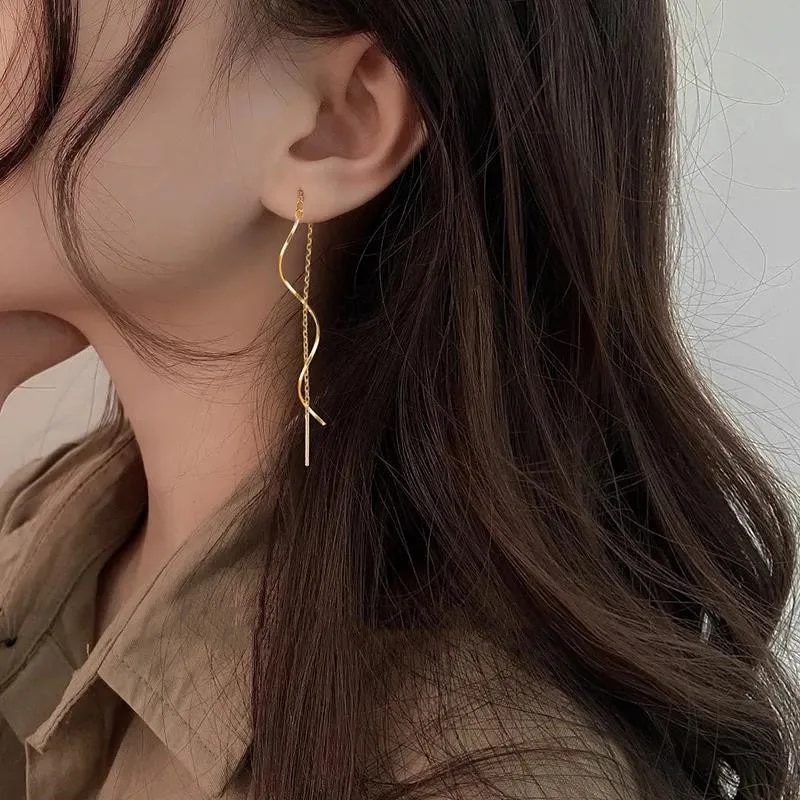 Women's Long Tassel Threader Earrings: Wave-Shaped Chain Design for Wedding & Party Jewelry Gifts