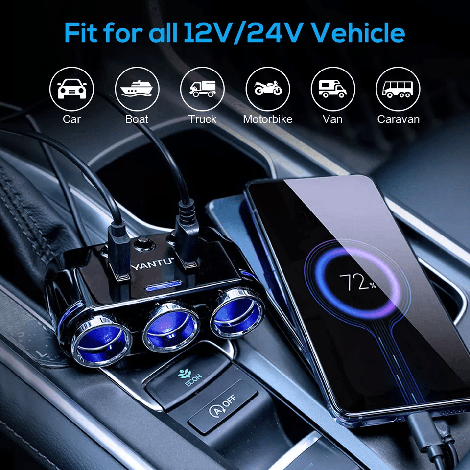 Multi Car Cigarette Lighter Extension Splitter with USB Charger DC Ports, Car Adapter with Voltmeter and Safe Switch