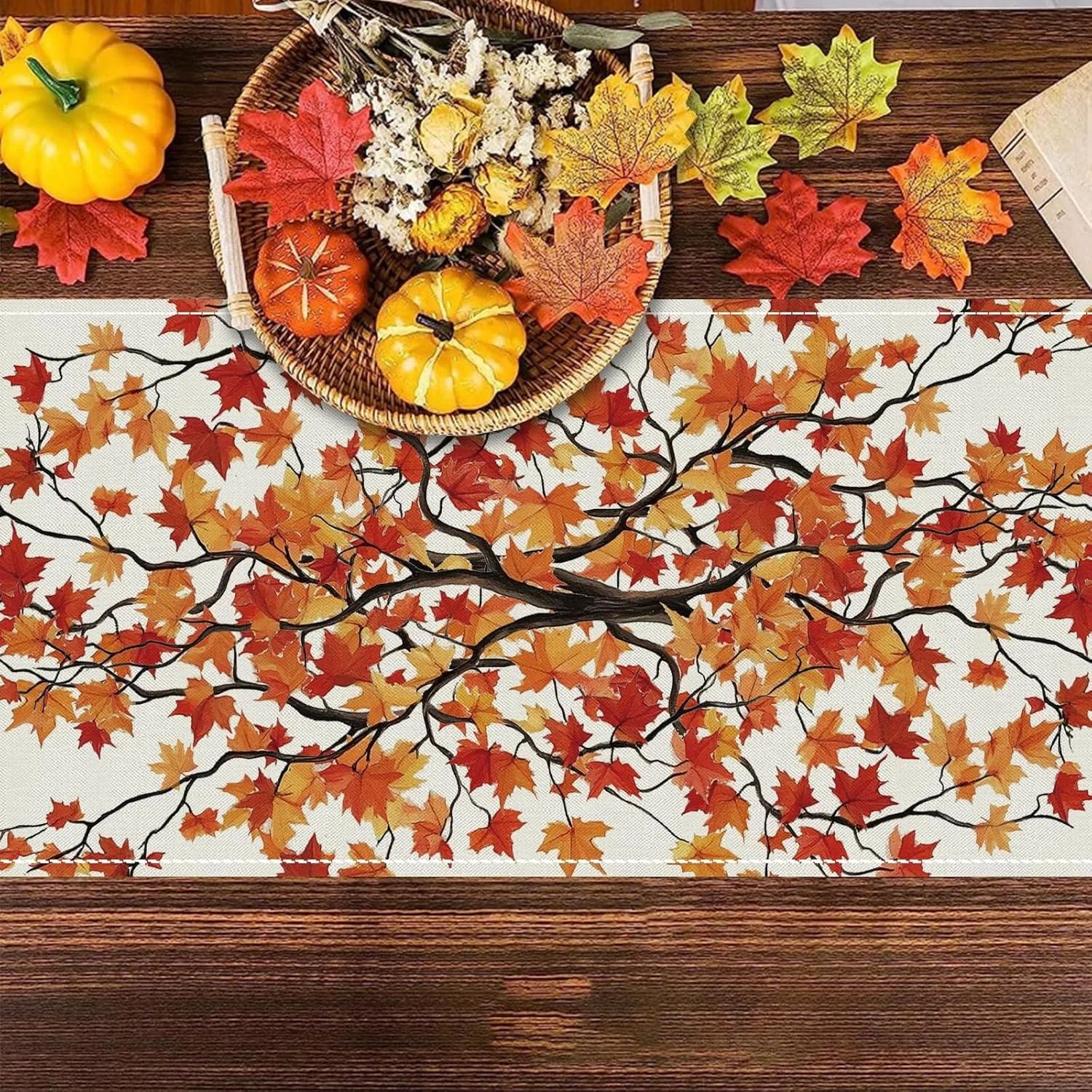 Maple Leaf Burlap Table Runner for Dining Table – Autumn Farmhouse Rustic Table Decor