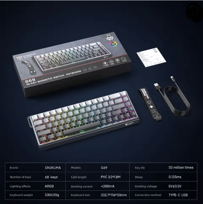 ONIKUMA G69 Magnetic Gaming Keyboard 60 Percent Wired Rapid Trigger 8000Hz