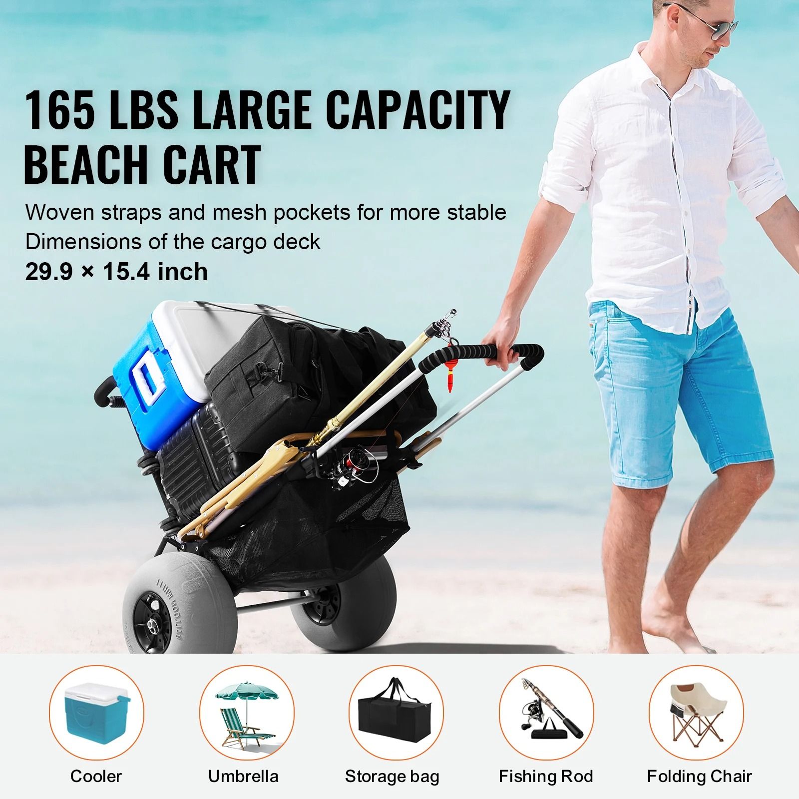 Folding Beach Cart with Large Balloon Wheels and Heavy Duty Cargo Deck