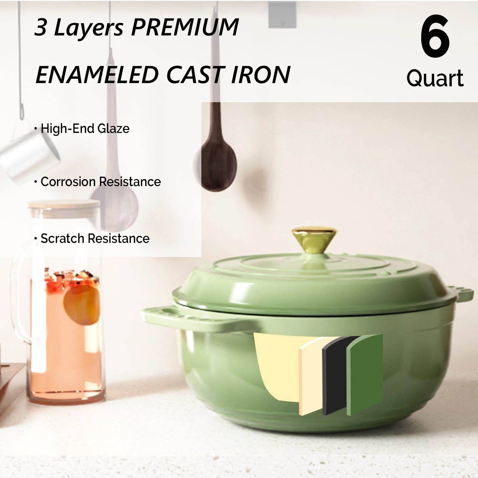 Enameled Cast Iron Dutch Oven, 6QT Multi-Purpose, Grill & Induction Compatible