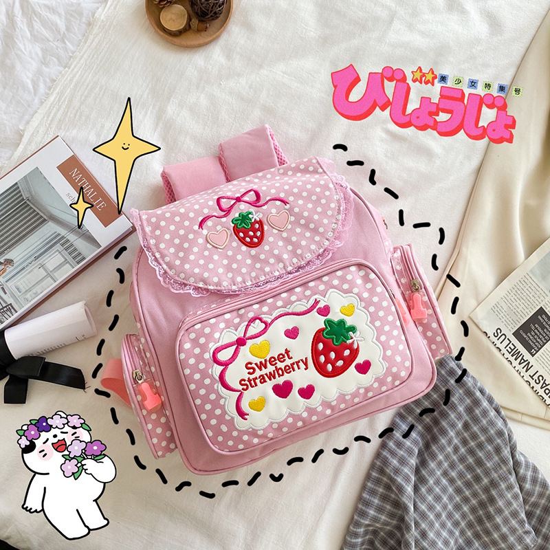 Strawberry Embroidered Girls School Backpack Cute Pink Kids Book Bag