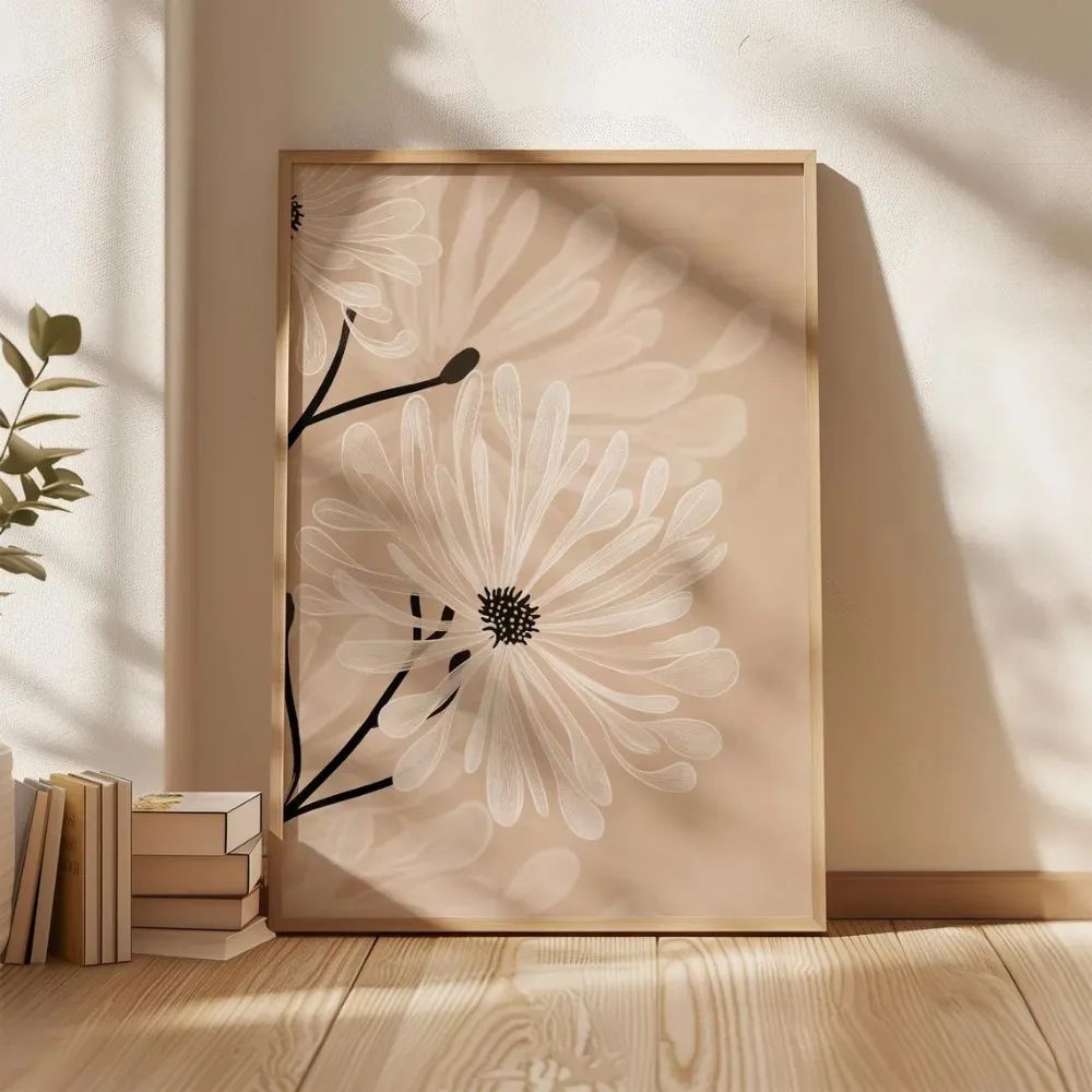 Beige Floral Line Wall Art Minimalist Botanical Canvas Decor