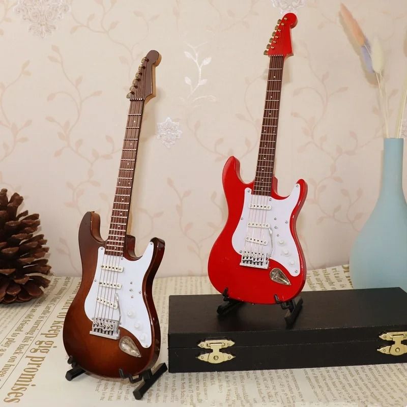 Miniature Electric Guitar Model – Wooden Musical Instrument Collection – Decorative Ornament with Support Stand