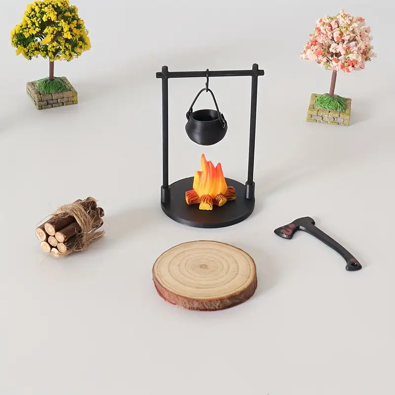 Decorative Mini Campfire and Teapot Statue, Desktop Photo Props for Christmas Gifts