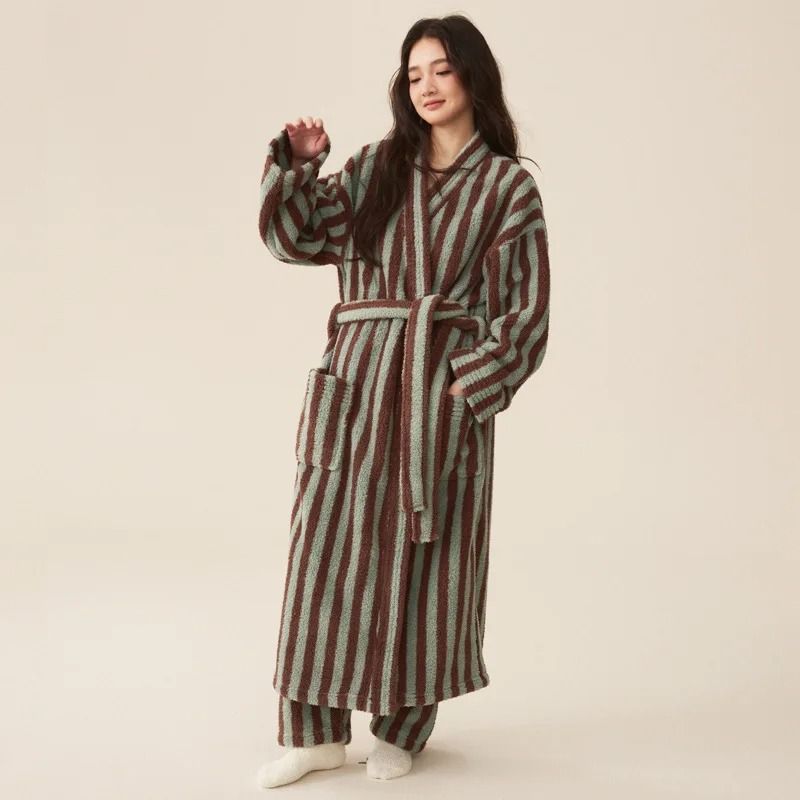 Thickened Flannel Robe & Pants Pajamas Set – Striped Coral Velvet Couple's Bathrobe & Winter Homewear