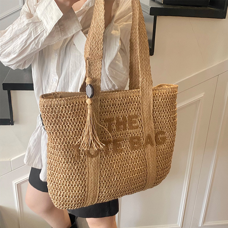 French Style Large Capacity Straw Beach Tote Bag Chic Woven Shoulder Bag for Women
