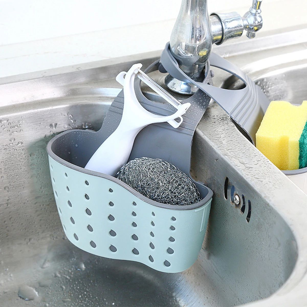 Hanging Sink Drain Basket Adjustable Sponge and Soap Holder
