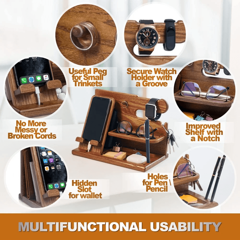 Wooden Desk Organizer with Phone Holder and Watch Stand