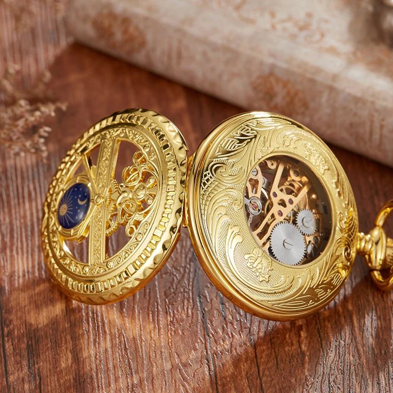 Mechanical Pocket Watch Star and Moon Phase Skeleton Design