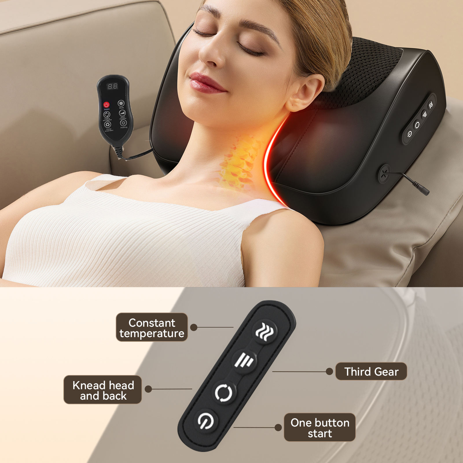 Multifunctional Neck Massage Pillow, Cervical Massager, Waist Back Shoulder Shiatsu Kneaded with Hot Compress