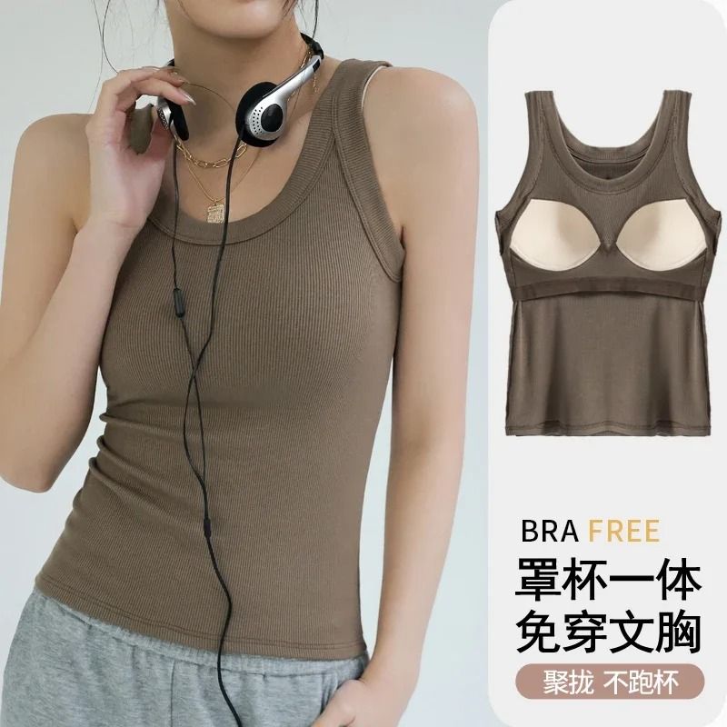 Womens Ribbed Tank Top with Chest Pad Summer Casual Camisole