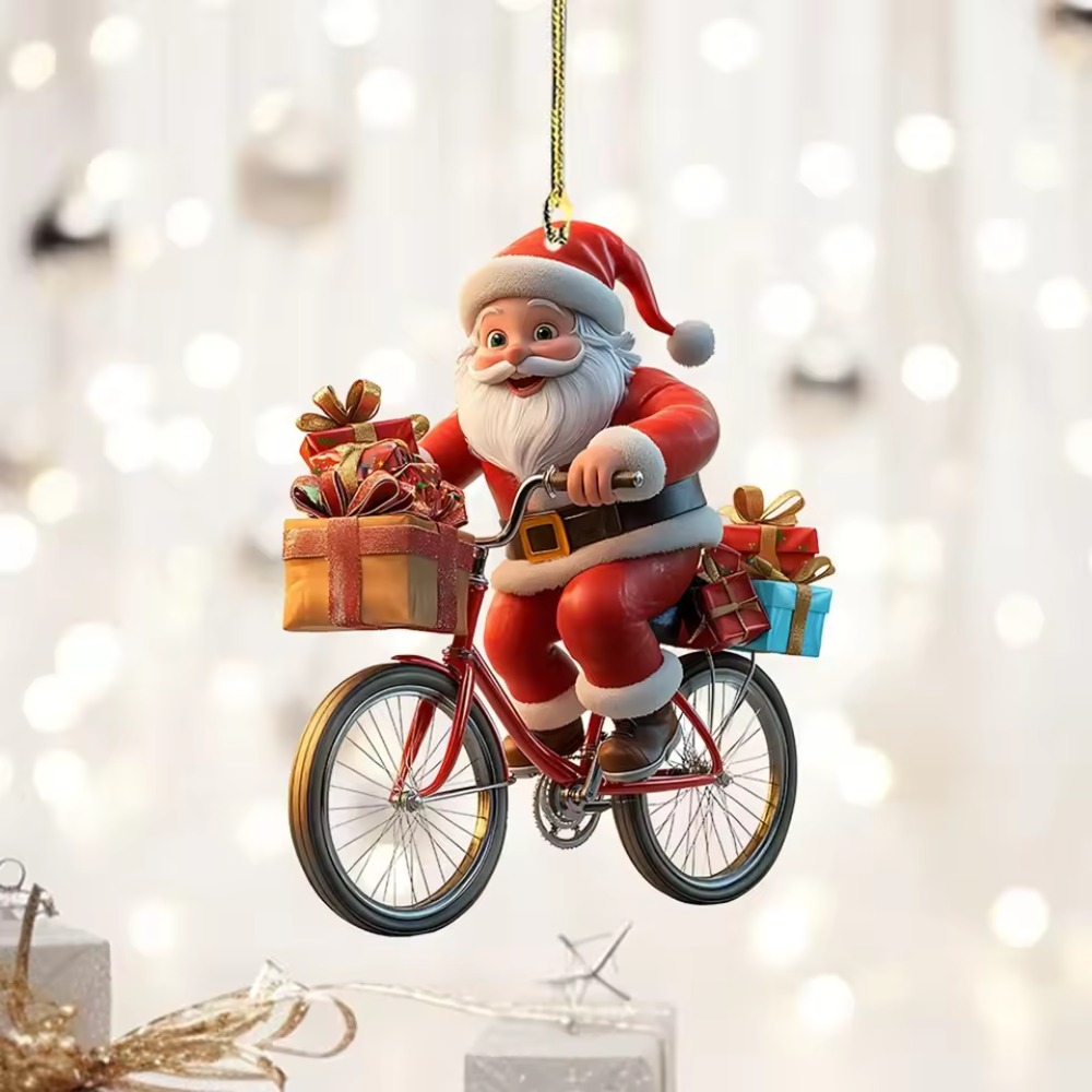 Hanging Cartoon Santa, Acrylic Winter Decorative, Christmas Tree Pendants, Claus Bicycle Gifts Christmas Decoration