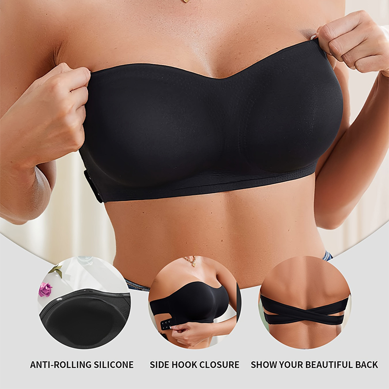 Womens Sexy Strapless Push Up Bra, Removable Paded, Seamless Ice Silk Top, Invisible Beauty Back, Anti-Slip Off-Shoulder