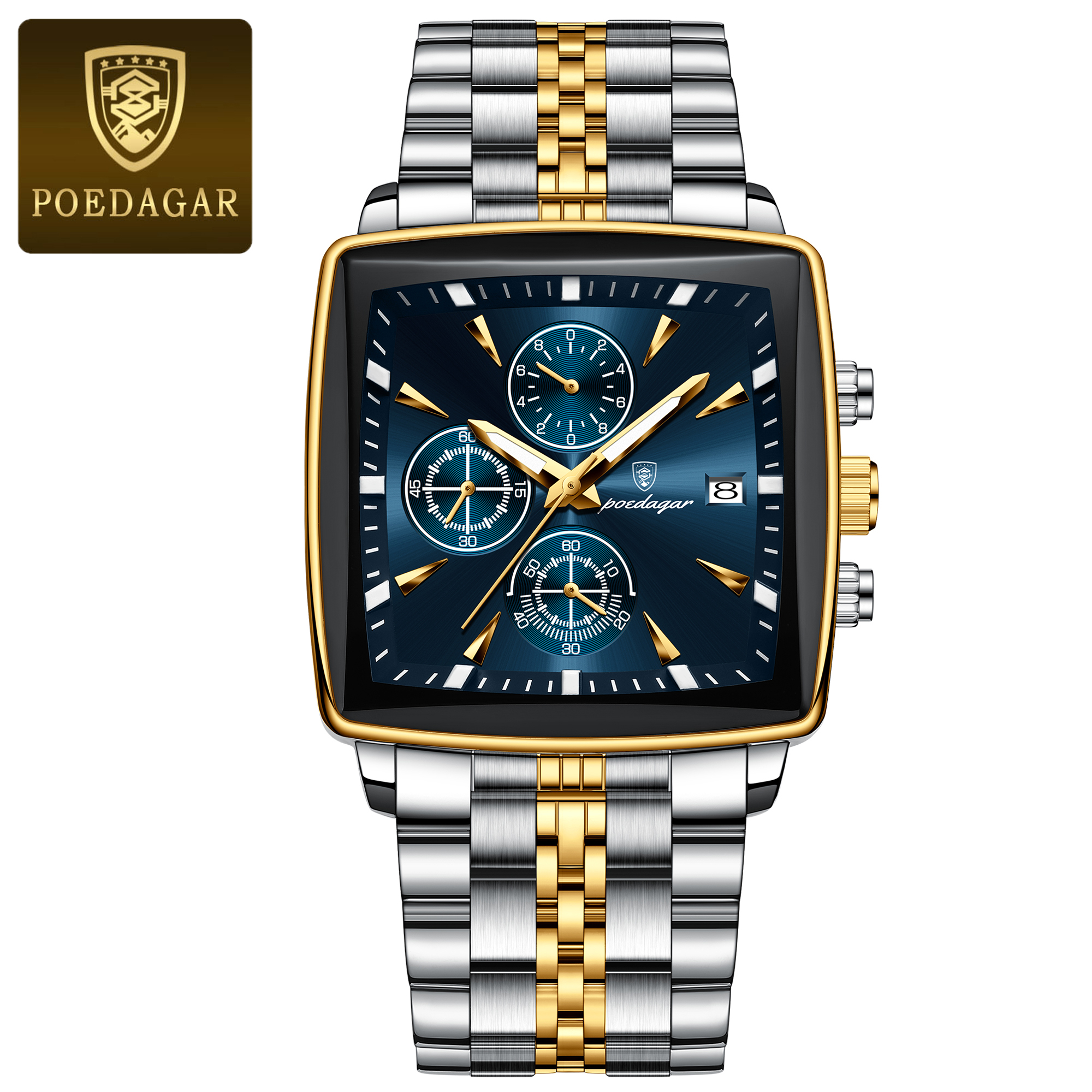 Square Stainless Steel POEDAGAR Fashion Men Watch Quartz Chronograph, Luminous Waterproof Date Wristwatch