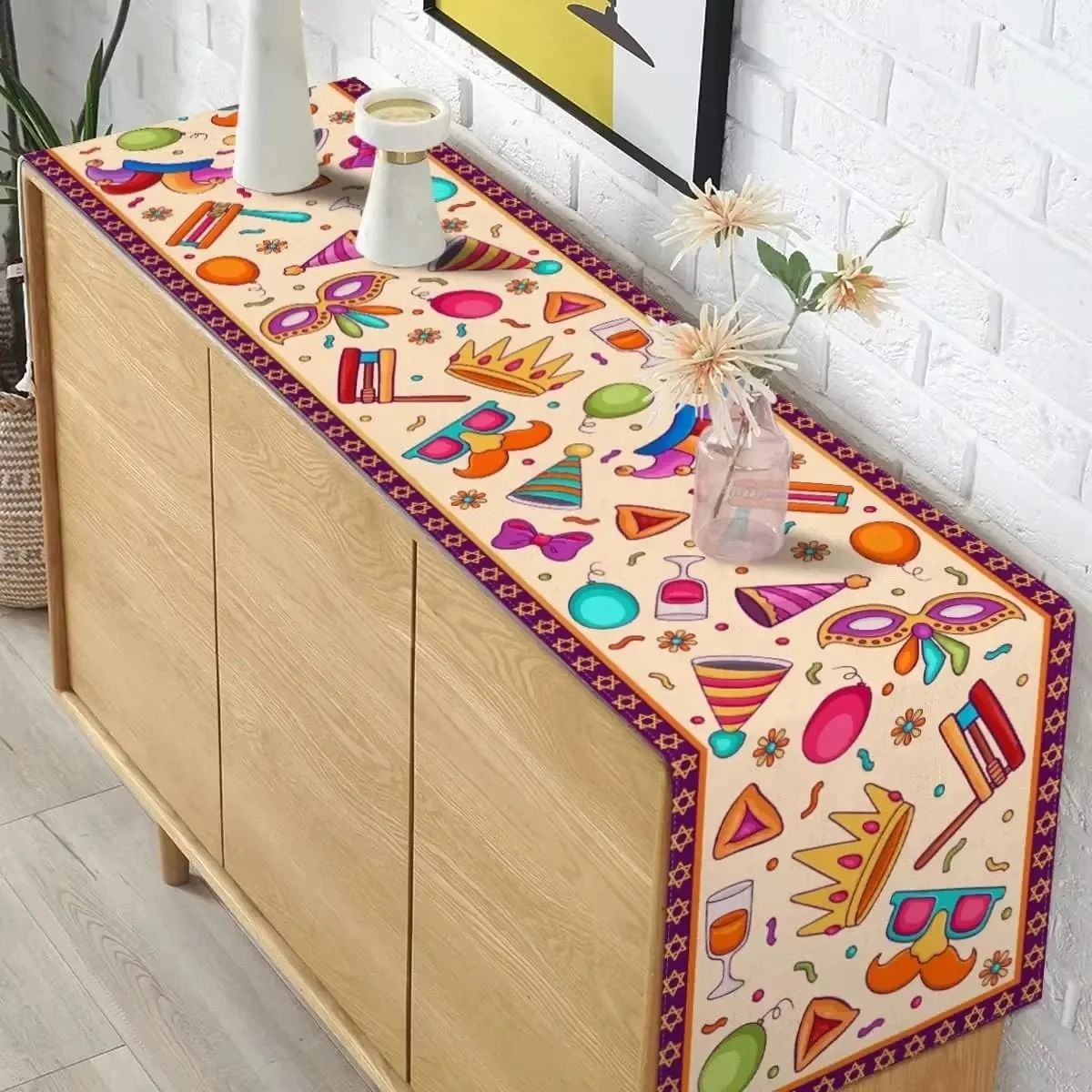 Happy Purim Table Runner | Festive Jewish Holiday Feast & Carnival Decor
