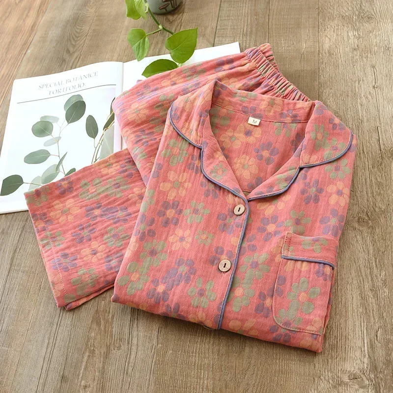 Women's New Spring Pajamas Suit, Cotton Crepe Two-Piece, Long-Sleeved Trousers, Flower Leaves Home Clothes