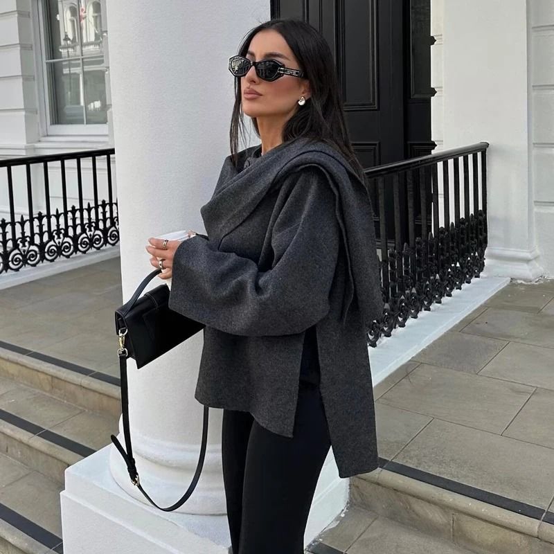 Women Plush Winter Coat with Asymmetric Scarf Collar