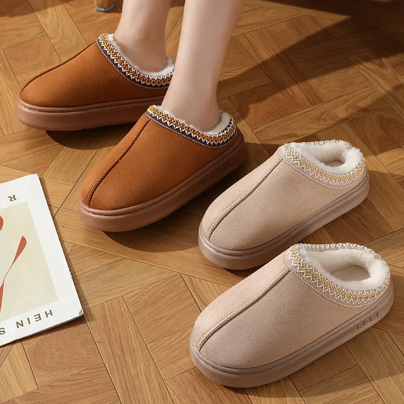 Plush Winter Home Cozy Slippers for Women Cotton Warm Non Slip Indoor Platform Shoes