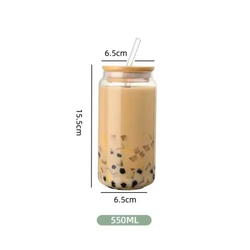 550 ml Glass Travel Cup with Wooden Lid & Straw – Transparent Bubble Tea & Cocktail Mug