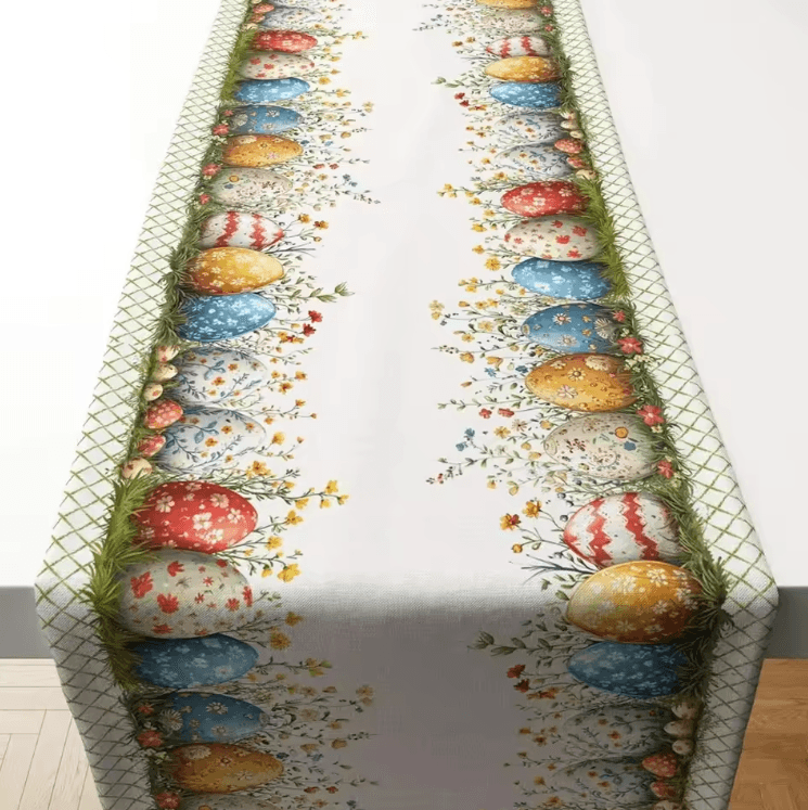 Scandinavian Easter Egg Table Runner – Plaid Floral Spring Table Decor