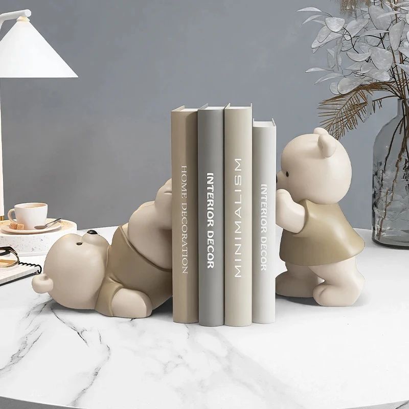 Cute Bear Bookend Figurine – Cream Style Decorative Book Holder for Home & Shelf Decor