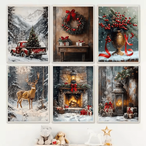 Vintage Red Truck Christmas Canvas Wall Art – Nordic Winter Scene Holiday Decor