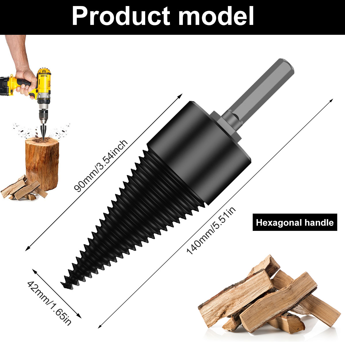 Firewood Log Splitter, Sturdy High-Carbon Steel Wood Log Splitter Screw Cones Drill Bit, Hex/Round/Square Shank