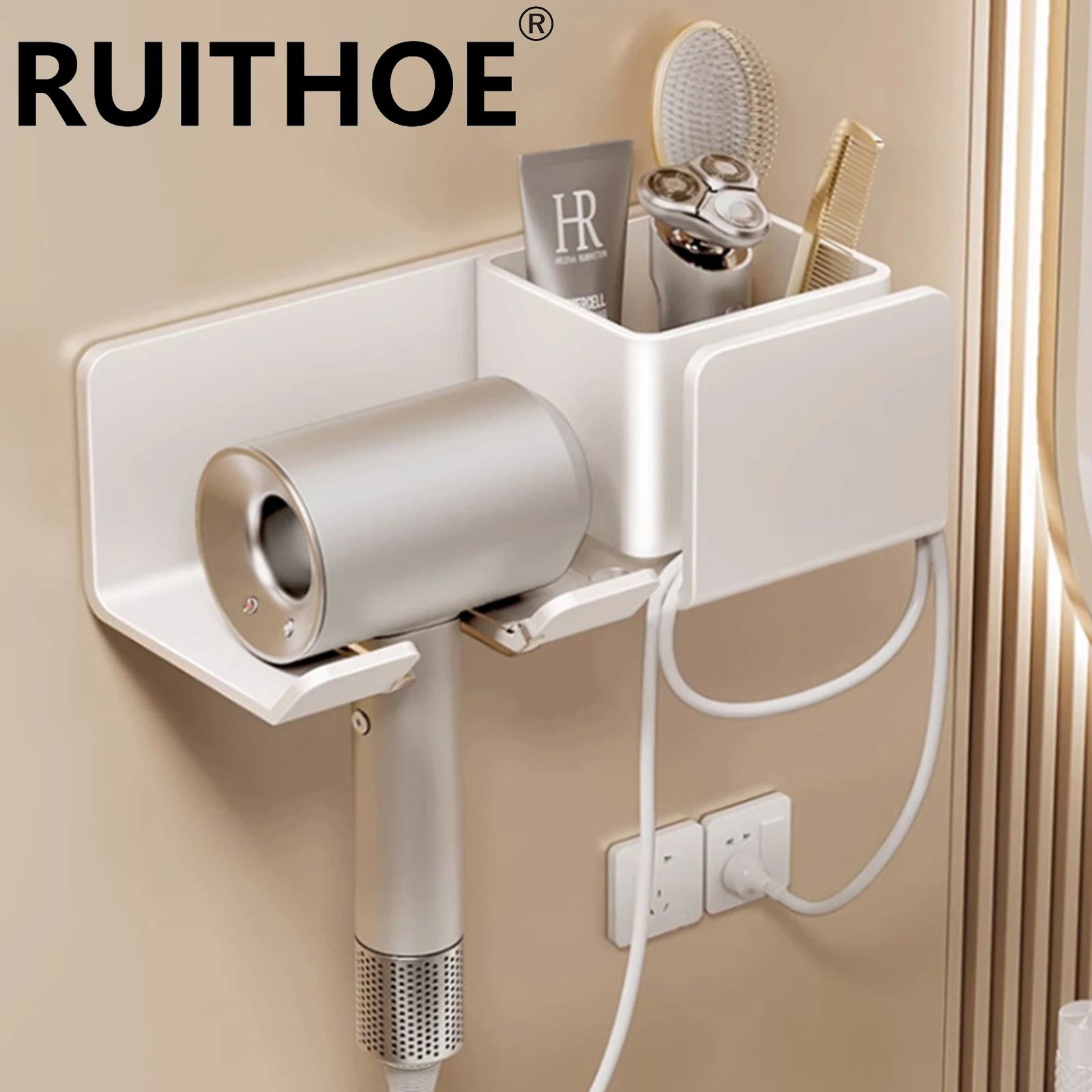 Wall-Mounted Hair Dryer And Straightener Holder Organizer
