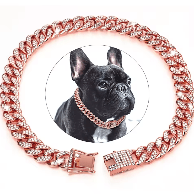 Dog Cuban Chain Collar – Stylish Metal Pet Collar with Diamond Design and Secure Buckle