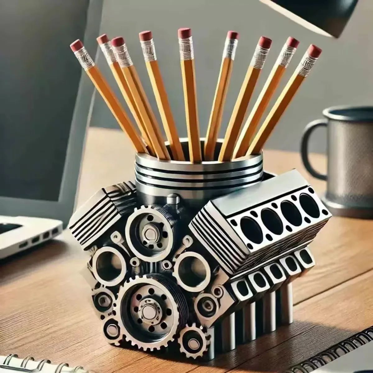 Creative V8 Engine Pen Holder Desk Organizer for Car Lovers and Office Decor