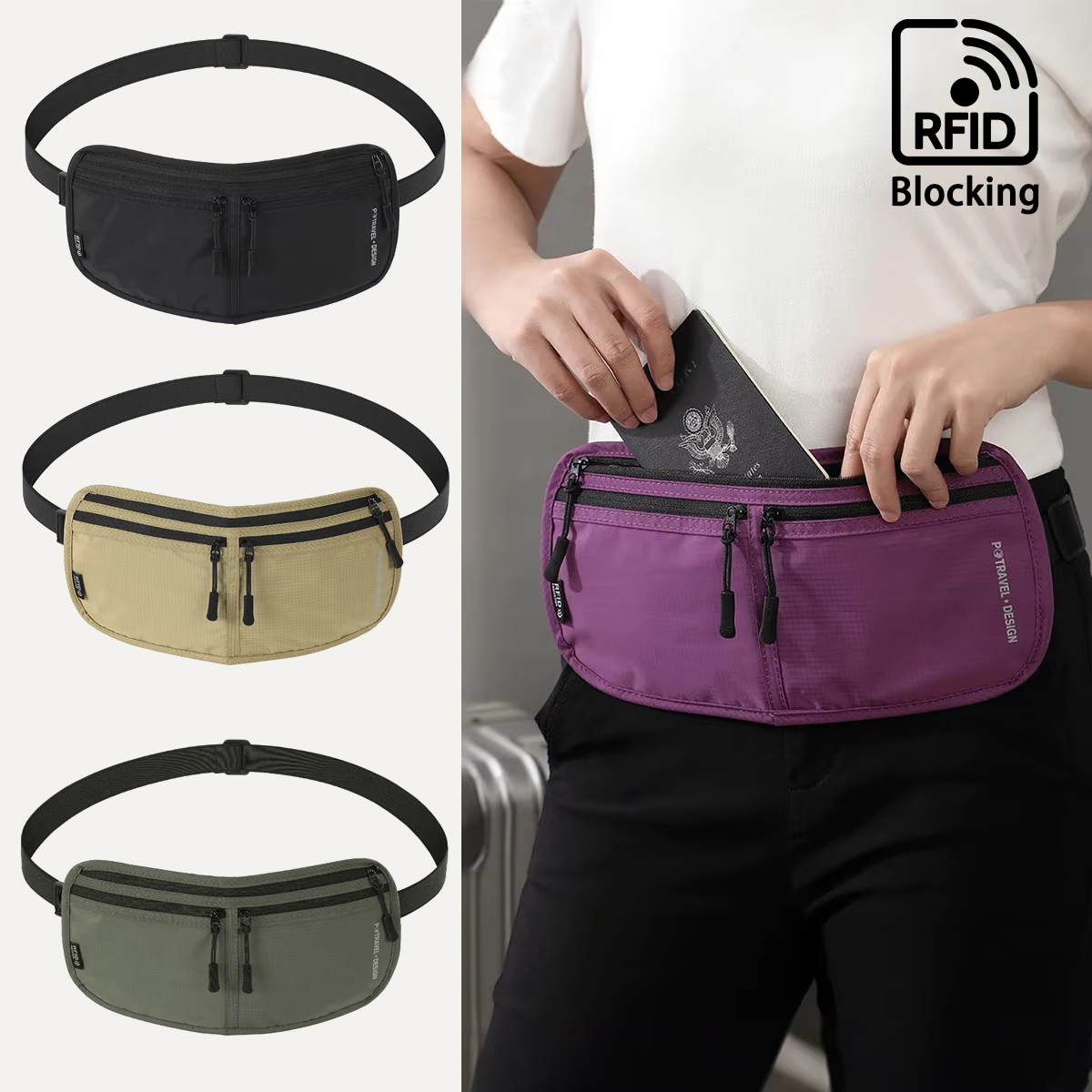 Waterproof RFID Blocking Travel Money Belt Waist Bag, Secure Anti-Theft Passport Holder & Hidden Pocket Fanny Pack