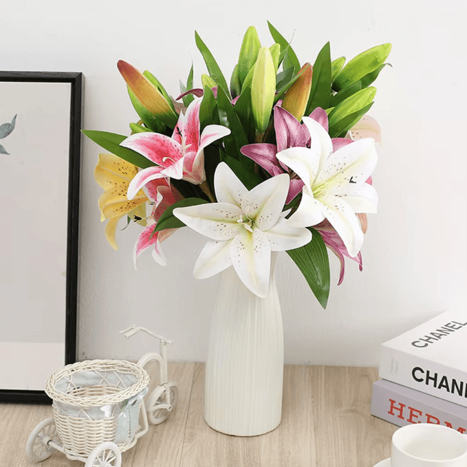 Realistic 3D Printed Artificial Lily Branch – Elegant White Faux Flowers for Home & Wedding Decor