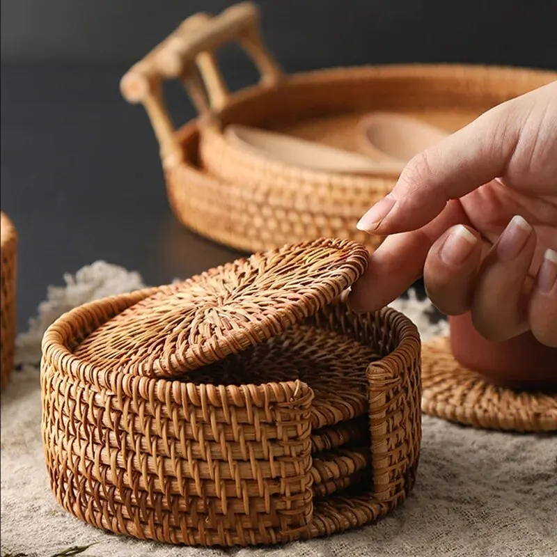 Drink Coasters for Tea, Rattan Weave Tableware, Heat Insulation Mat Pad, Round Place Mat, Dish Mat for Cups