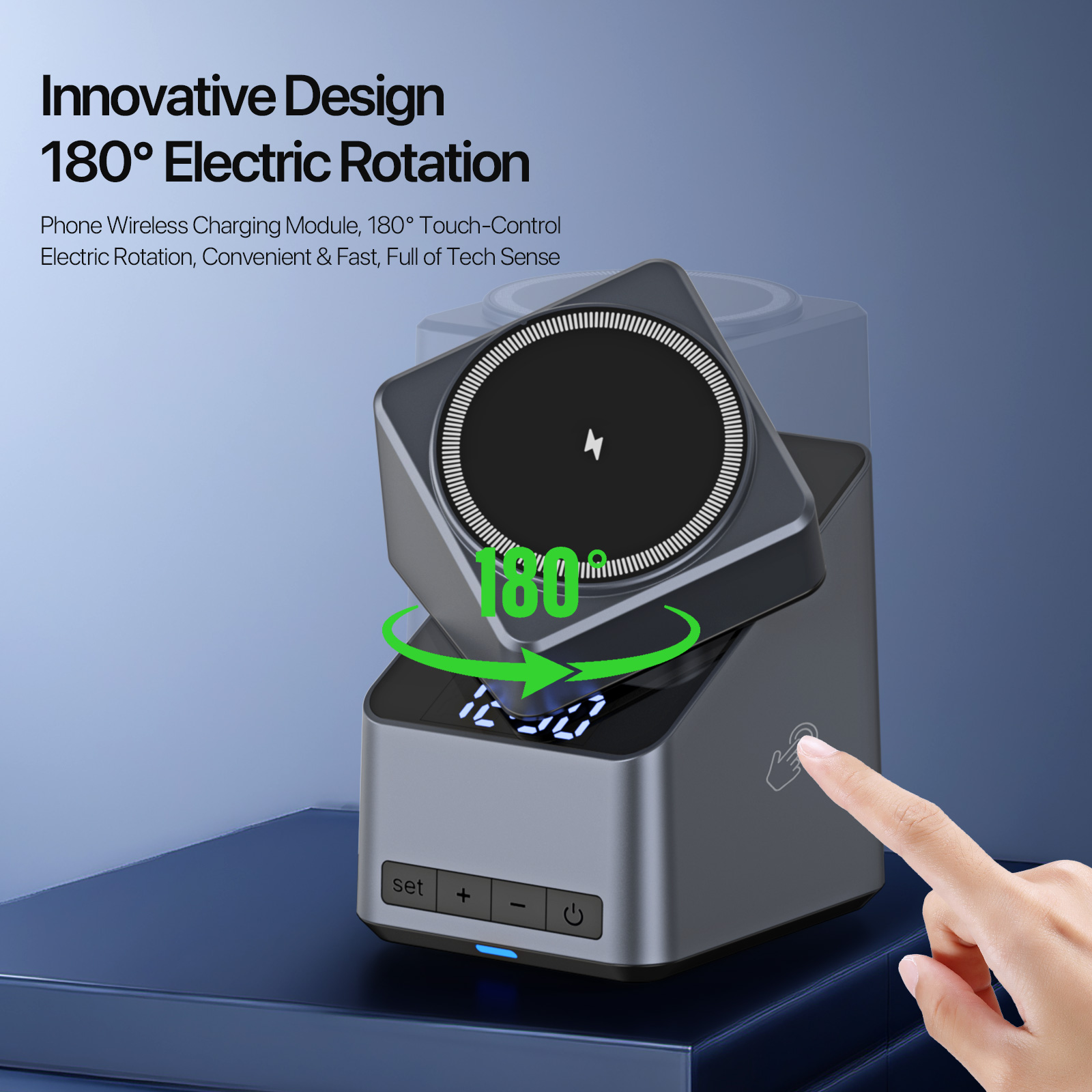 Auto Rotation Magnetic 4 in 1 Wireless Charger with Clock, iPhone, Apple Watch, AirPods