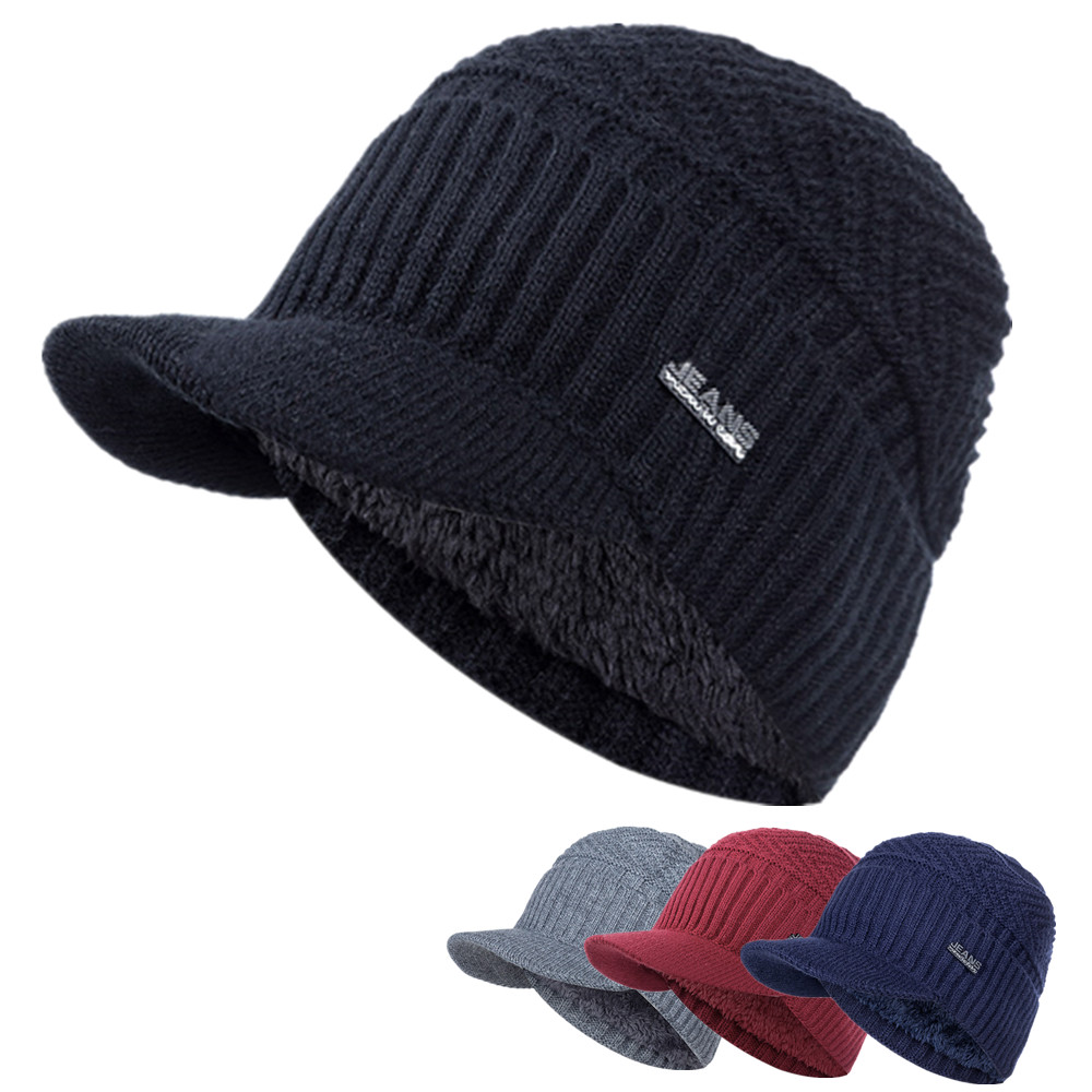 Stylish Unisex Warm Winter Hats, Add Fur Lined Soft Beanie Cap With Brim, Thick Knitted Hats For Men & Women