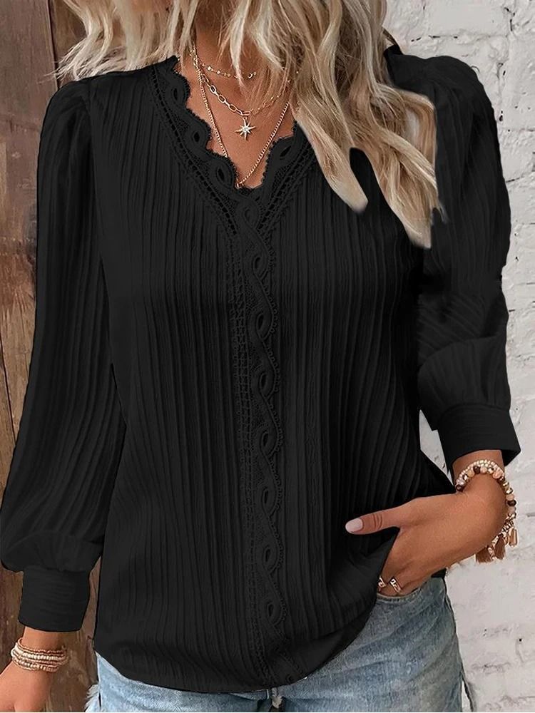 Womens Lace Stitch Pullover Chiffon V Neck Long Sleeve Blouse