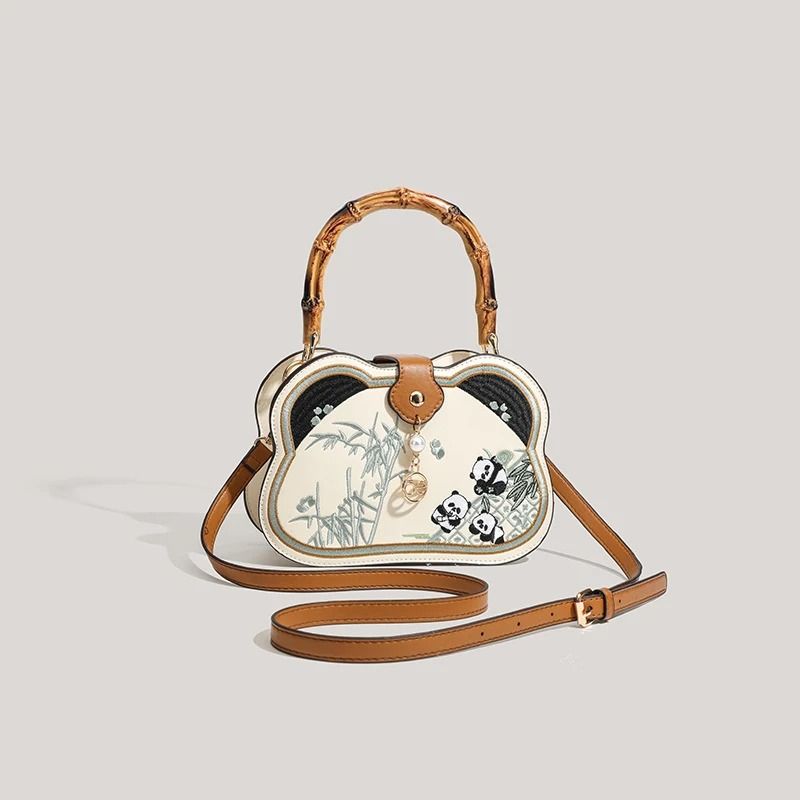 Chinese Style Panda Head Crossbody Bag with Bamboo Joint Handle
