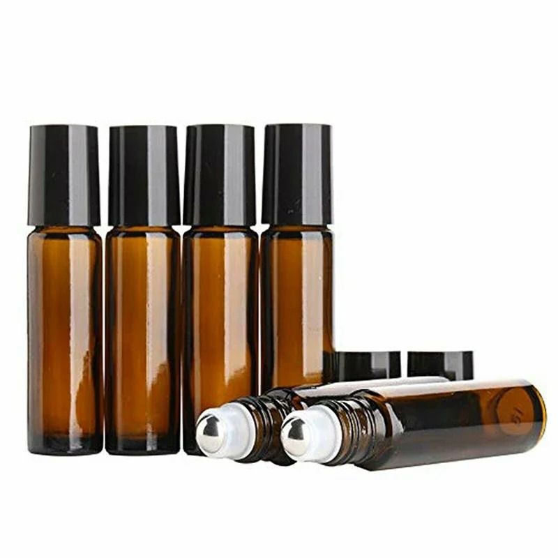 Amber Glass Roll On Bottle Set 10 Piece 5ml and 10ml Refillable Essential Oil Containers with Roller Ball