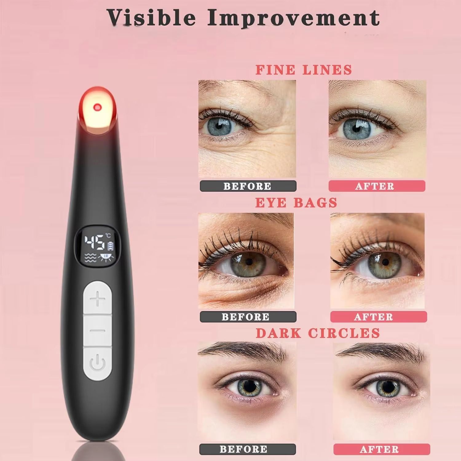 3-in-1 LED Eye Lift Wand with Red Light Therapy, Vibration & Heat for Puffiness, Dark Circles & Dry Eye Relief
