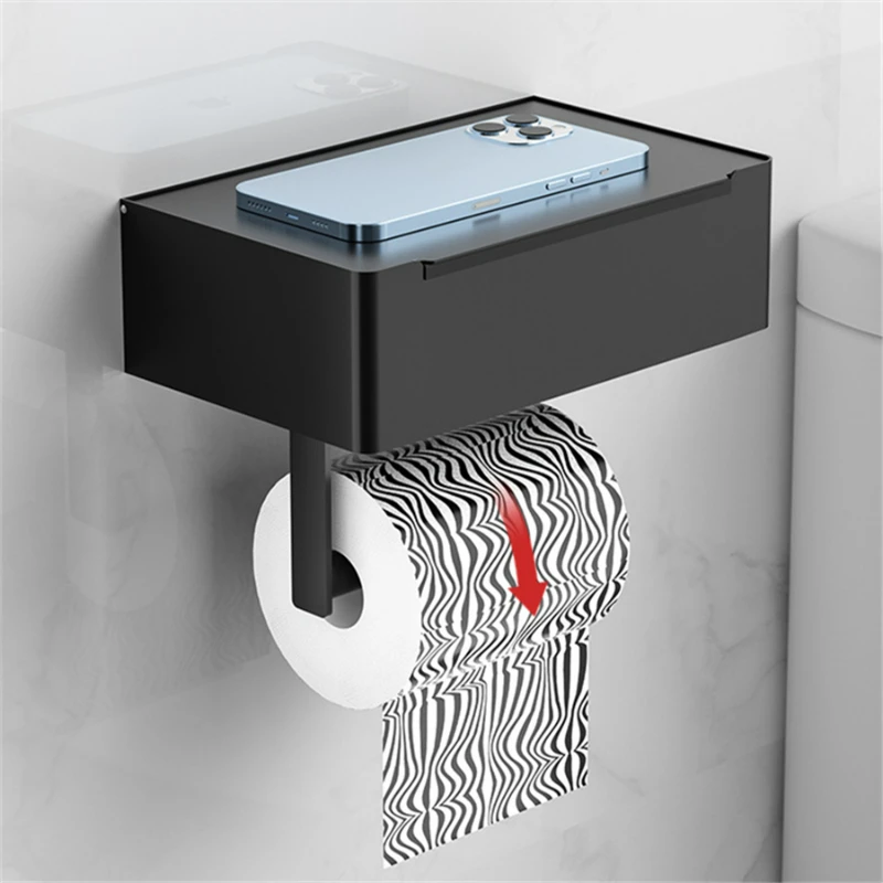 Black Multi-function Bathroom Storage Rack, Stainless Steel Paper Holder with Toilet Roll and Wipes Dispenser