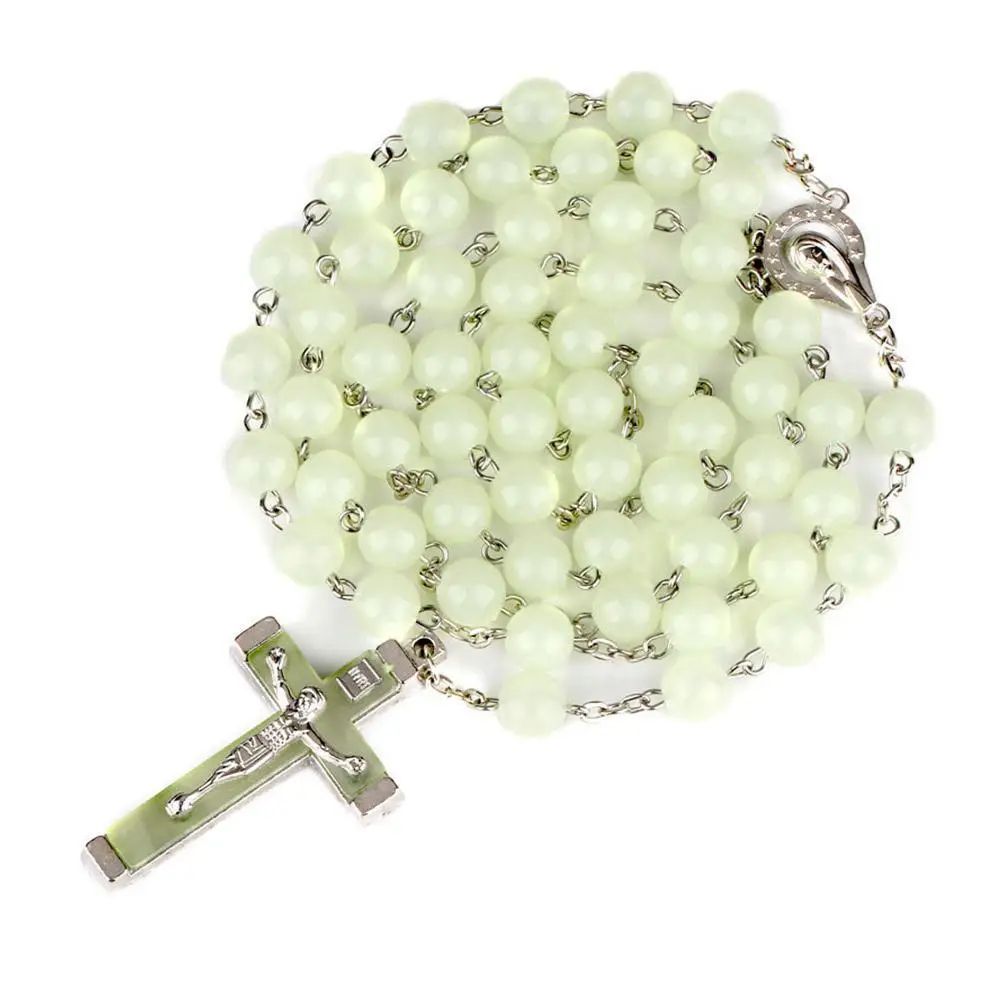 Glow-in-the-Dark Catholic Rosary Necklace with Cross Pendant – Luminescent Jesus Prayer Beads Chain for Women & Men