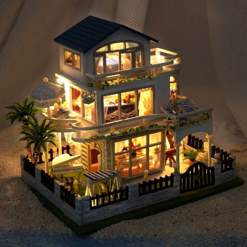 DIY Wooden Mini Seaside Villa Dollhouse Kit with Furniture and LED Lights