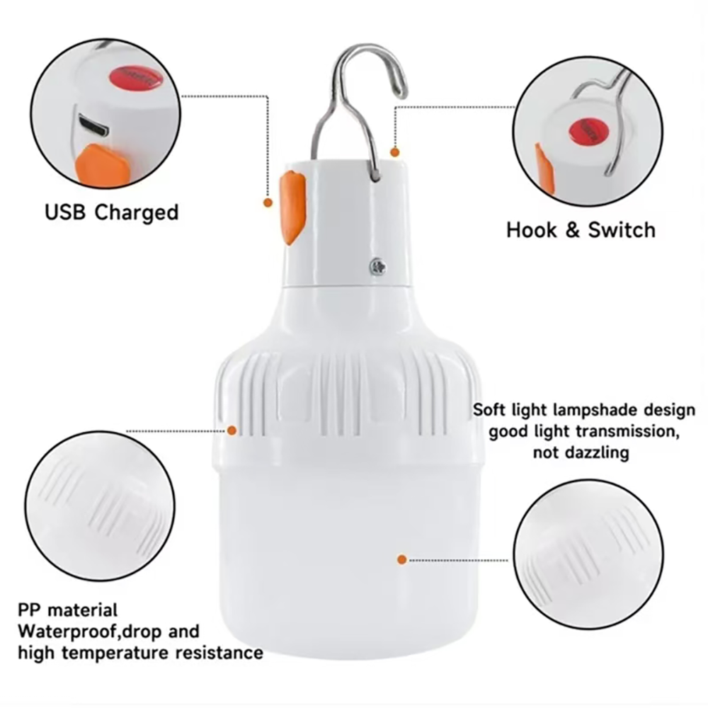 High Brightness USB Rechargeable LED Lamp Bulbs, Portable Camping Lantern, Emergency Outdoor Hook Light for Hiking