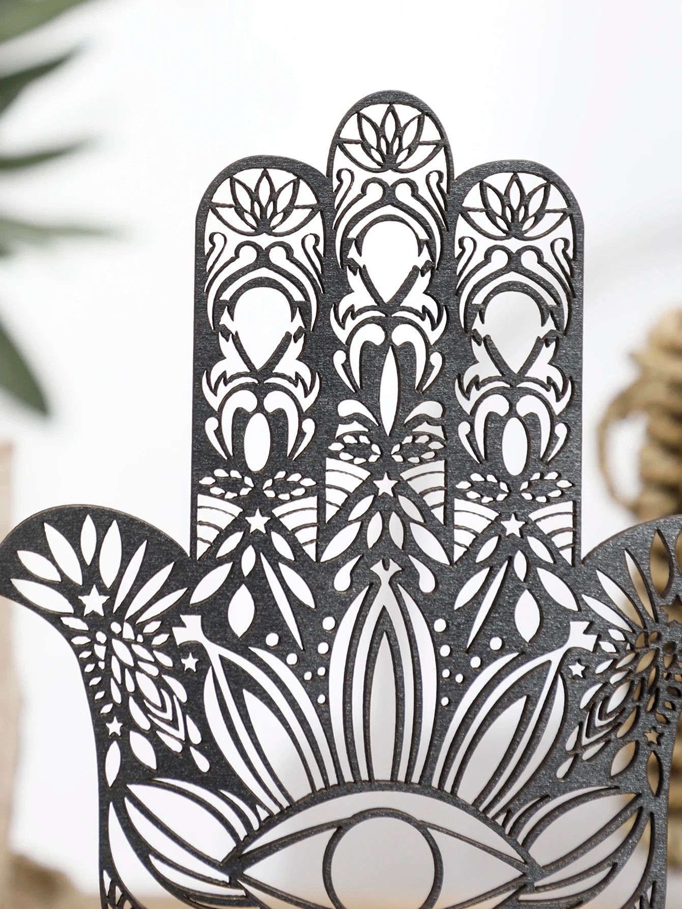 Artisan Hamsa Wood Sculpture | Hollow-Out Evil Eye Totem | Executive Desktop & Home Studio Sanctuary Decor